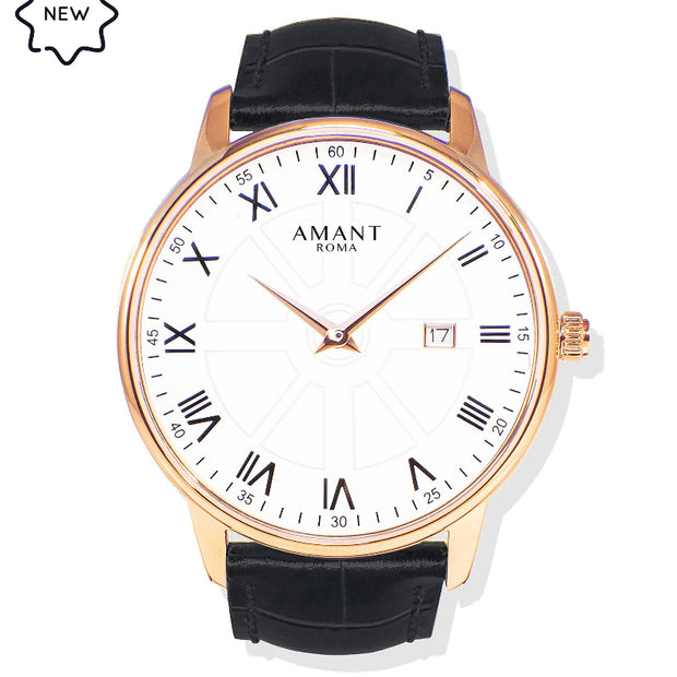 AMANT ROMA Classic Roman Numeral Dial Leather Strap Watch