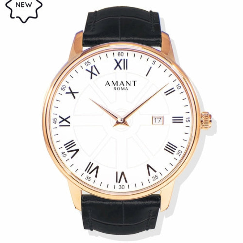 AMANT ROMA Classic Roman Numeral Dial Leather Strap Watch