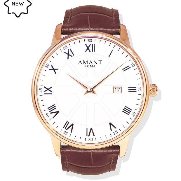 AMANT ROMA Classic Roman Numeral Dial Leather Strap Watch