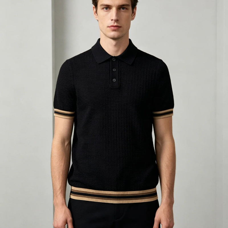 Men’s Black Textured Short-Sleeve Polo Shirt with Striped Trim
