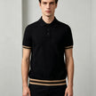 Men’s Black Textured Short-Sleeve Polo Shirt with Striped Trim