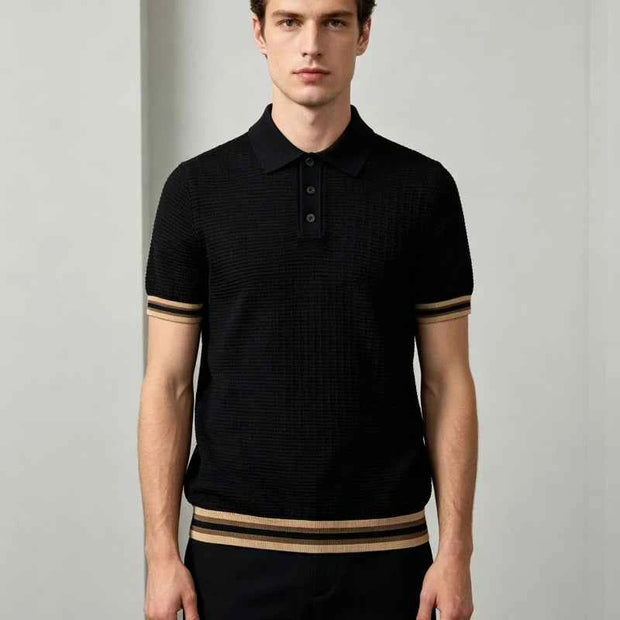Men’s Black Textured Short-Sleeve Polo Shirt with Striped Trim