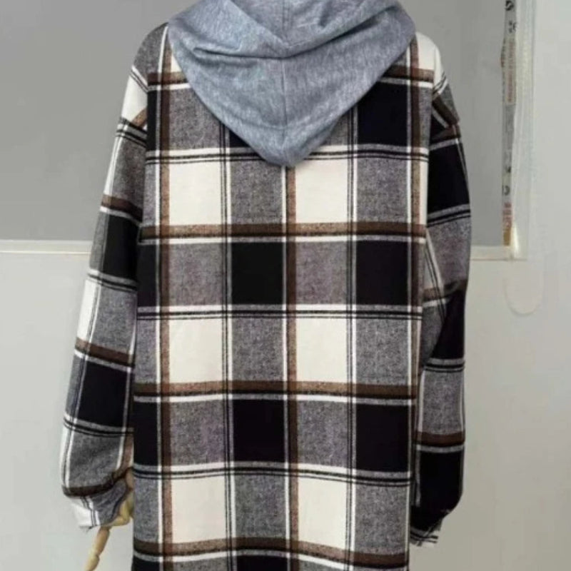 Women's Plaid Hooded Jacket – Long Sleeve Button-Up Casual Coat