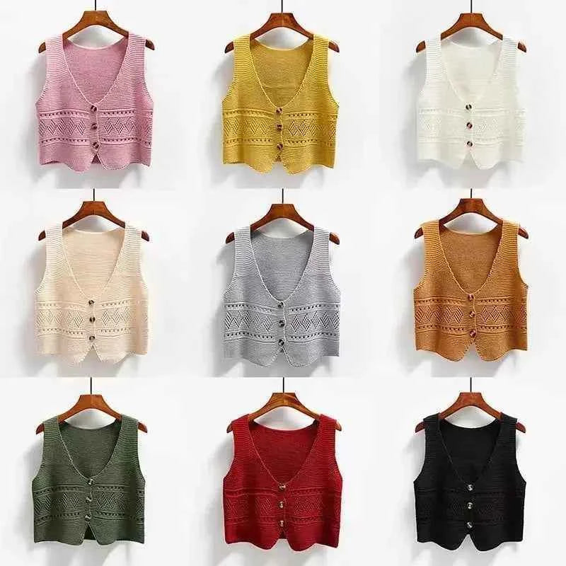 Knitted Button-Up Crop Vest – Stylish Casual Wear for Women | Multi-Color Options