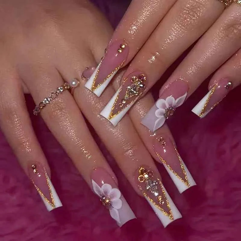 24Pcs Ultra Long Coffin Press On Nails Set with French Gradient Design, 3D Flower Butterfly Diamond Glossy Reusable Fake Nails