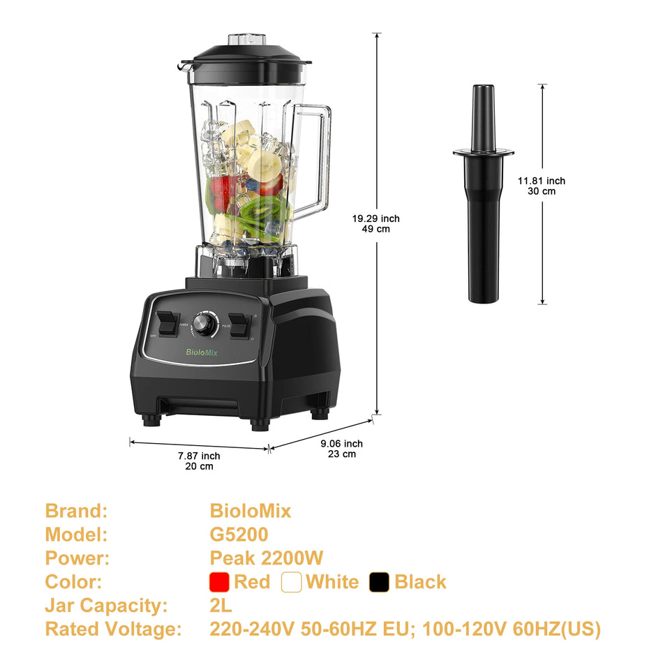 BioloMix 2200W 3HP BPA-Free Commercial Blender with Variable Speed, Pulse Control, Tamper and US Plug – Red