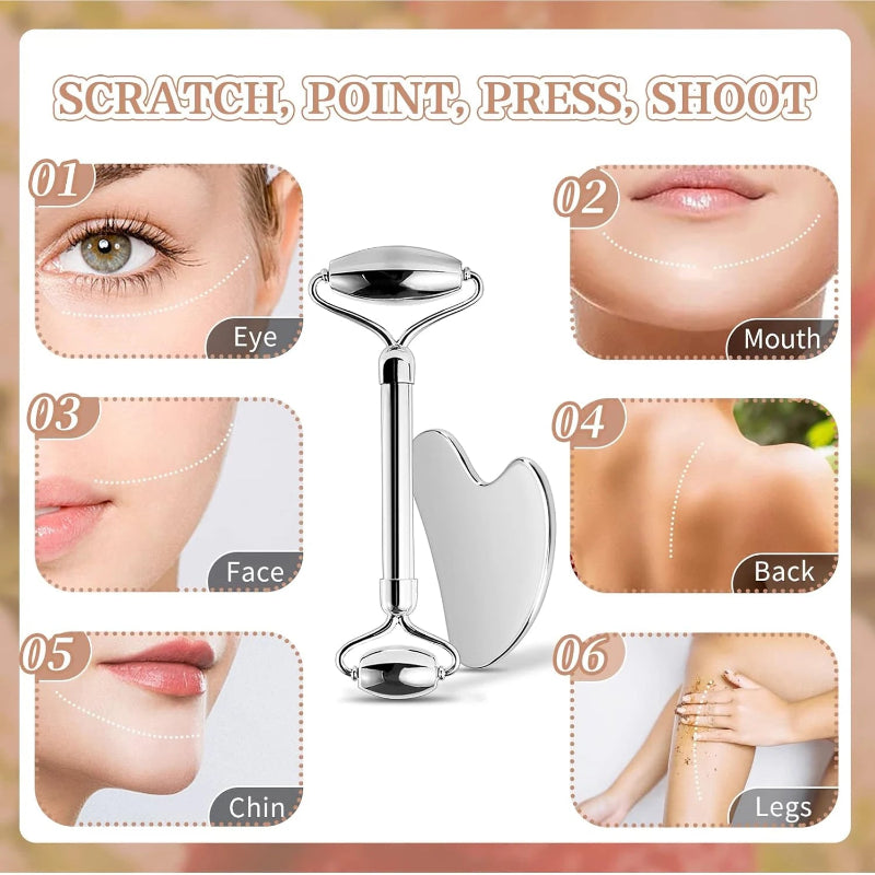 Facial Gua Sha Roller Set with Stainless Steel Massage Tool and Ice Face Roller Beauty Kit