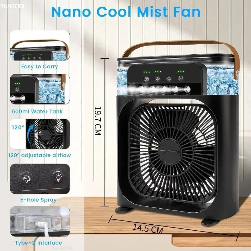 3-in-1 Portable Air Cooler Humidifier Fan with 600ml Water Tank, 3 Speeds & 7-Color Light