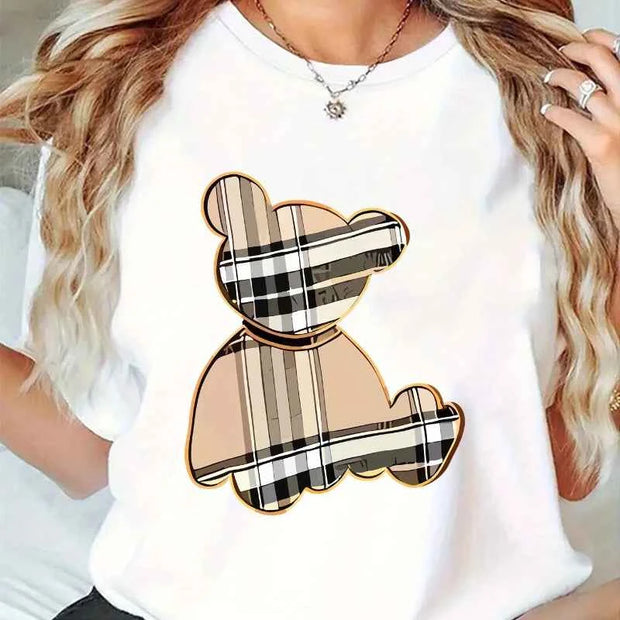Cute Teddy Bear Graphic T-shirt – Stylish Casual Wear for Women | Black, White & Grey