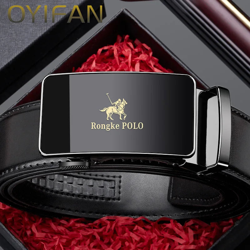 Rongke POLO Luxury Black Leather Belt with Polished Metal Buckle