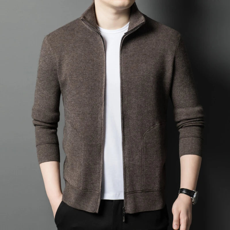 Men’s Solid Color Full-Zip Knit Cardigan Sweater with Stand Collar