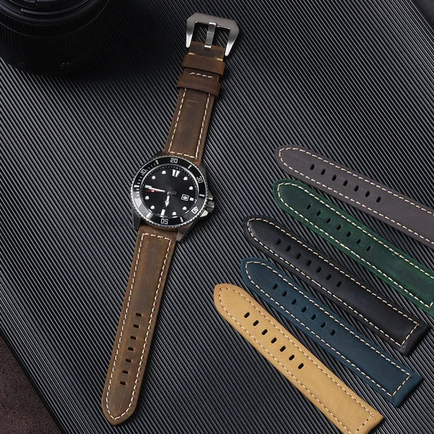 Vintage Leather Watch Strap Replacement Band with Contrast Stitching
