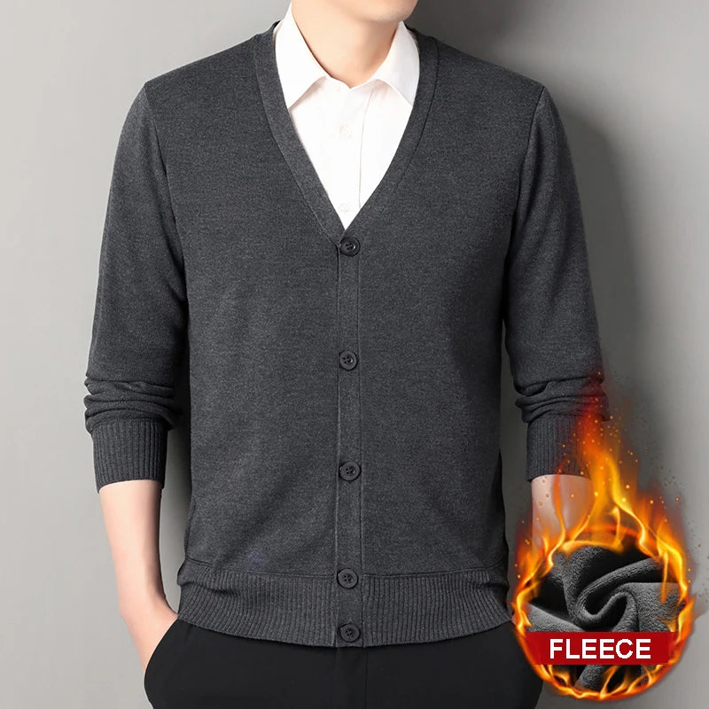FLEECE Men's Smart Casual V-Neck Button Knit Cardigan Sweater – Long Sleeve
