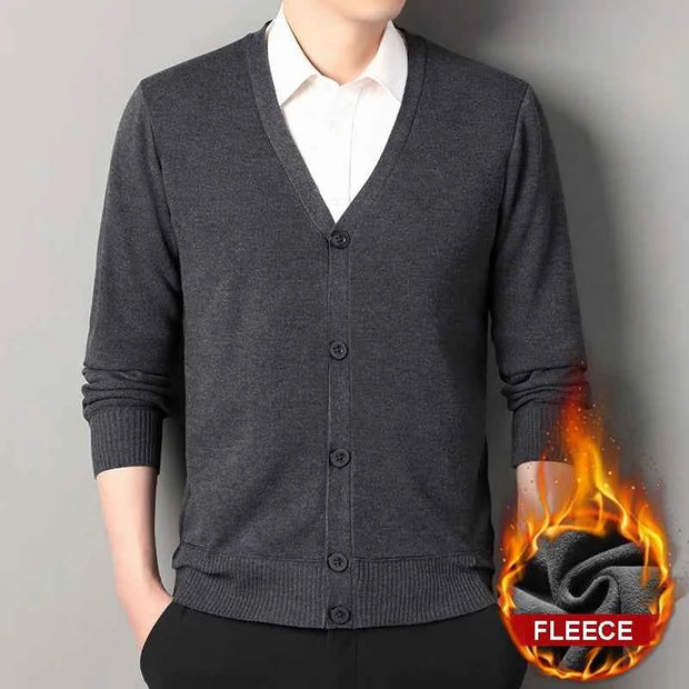FLEECE Men's Smart Casual V-Neck Button Knit Cardigan Sweater – Long Sleeve