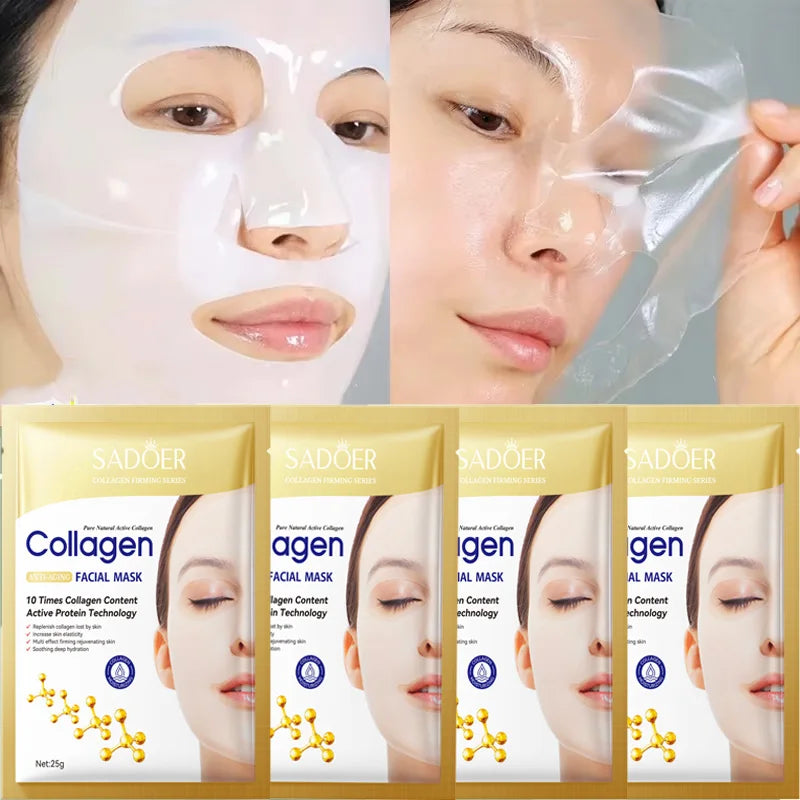 SADOER 10pcs Korean Collagen Facial Mask Anti Wrinkle Anti Aging Moisturizing Brightening Skin Care Mask