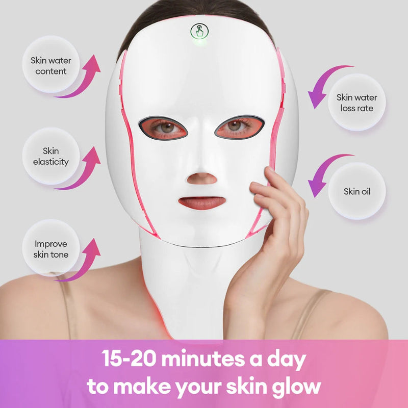 7-Color LED Face & Neck Mask with 138+3 LEDs – Wireless Rechargeable Light Therapy Beauty Device
