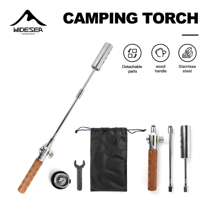 WIDESEA Long-Handle Detachable Stainless Steel Camping Torch with Wooden Grip & Carry Pouch