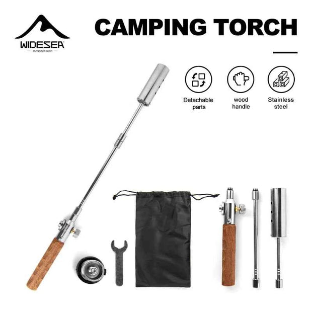WIDESEA Long-Handle Detachable Stainless Steel Camping Torch with Wooden Grip & Carry Pouch