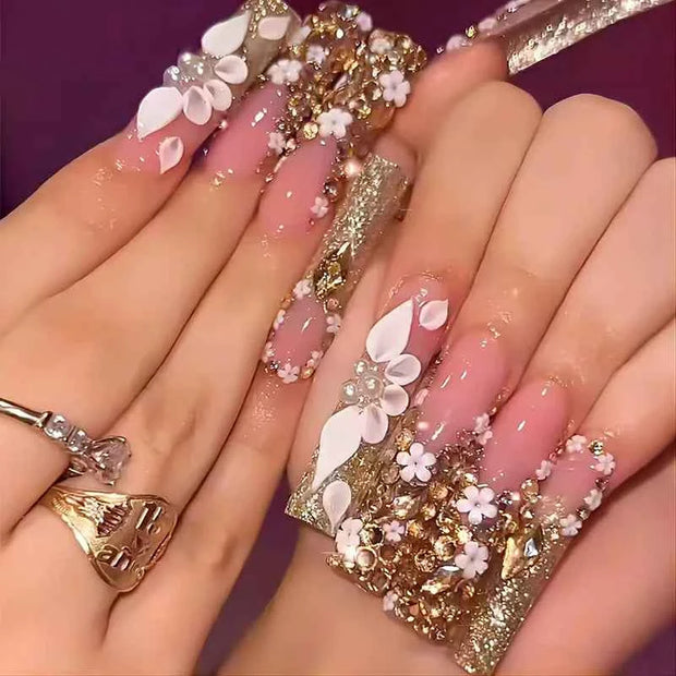 24Pcs Ultra Long Coffin Press On Nails Set with French Gradient Design, 3D Flower Butterfly Diamond Glossy Reusable Fake Nails