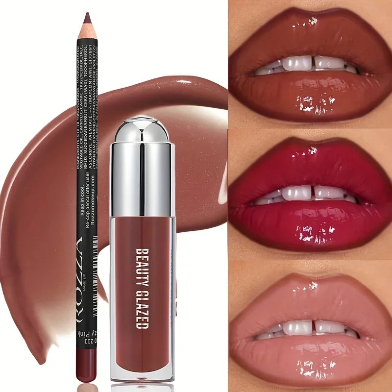 2PCS Lip Liner & Lip Gloss Set – Long Lasting Natural Nude Lip Color with Waterproof Lip Oil Finish