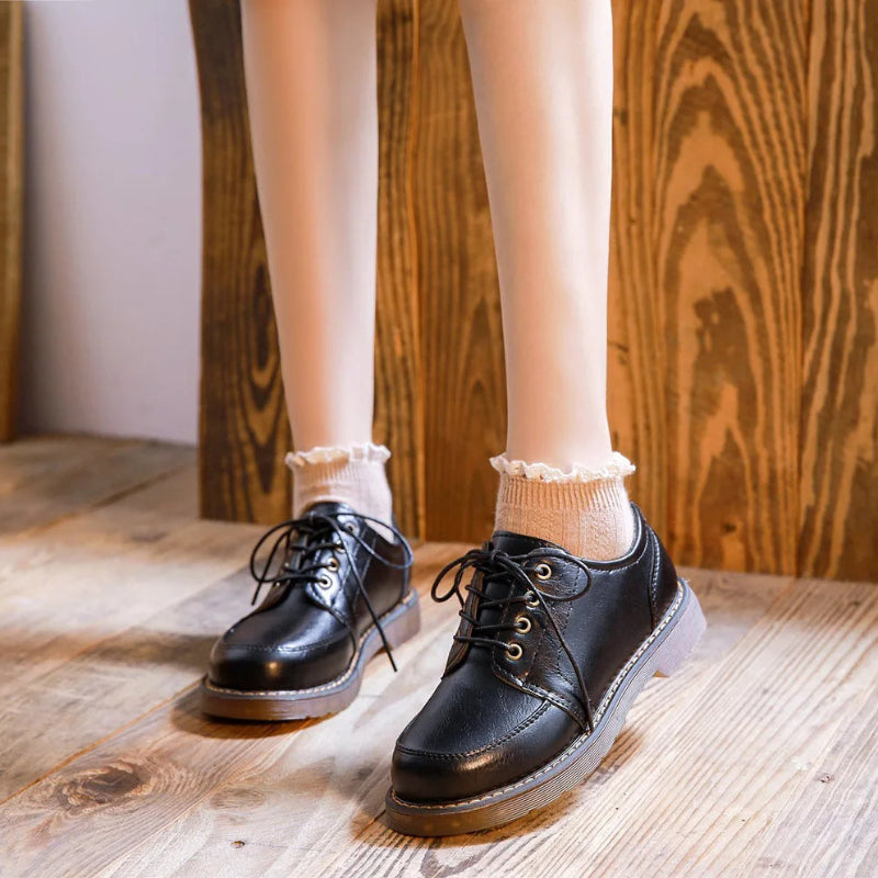 Lace-Up Oxford Style Casual Shoes – Round Toe Chunky Sole Shoes in Black & Brown