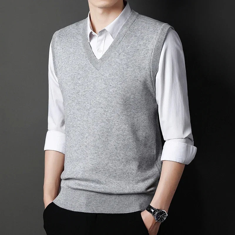 Men's Solid Color V-Neck Knitted Vest – Casual Sleeveless Sweater Top