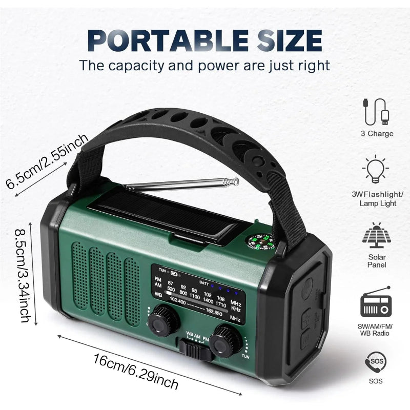 STONEGO Solar Hand Crank Emergency Radio – AM/FM NOAA, USB-C Charging, LED Flashlight, SOS Alarm & Compass