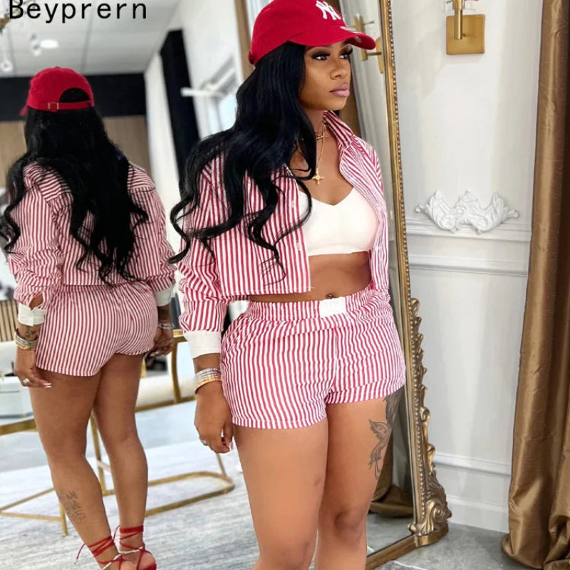 Striped Button-Up Crop Top & Shorts Set