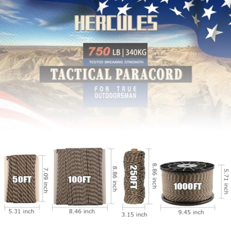 HERCULES 750lb Tactical Paracord 4mm 11-Strand Military Grade Survival Rope