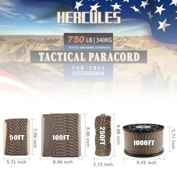 HERCULES 750lb Tactical Paracord 4mm 11-Strand Military Grade Survival Rope