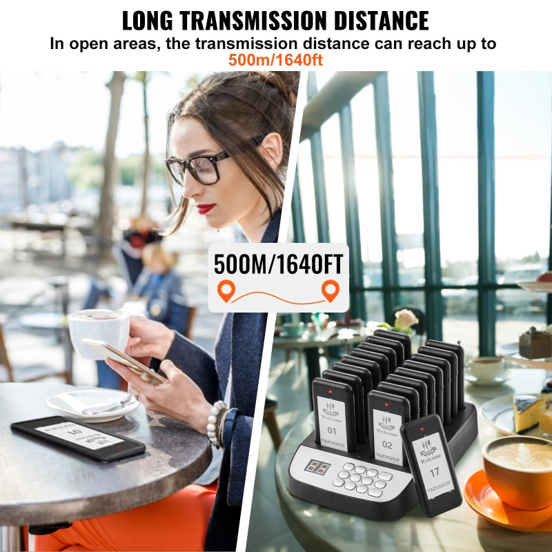 VEVOR 20-Pager Wireless Restaurant Paging System with 3 Alert Modes, 500m Range and Charging Base