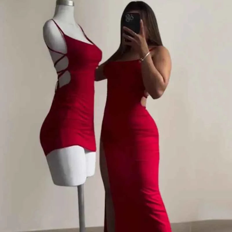 Red & Black Slit Back Lace-Up Dresses