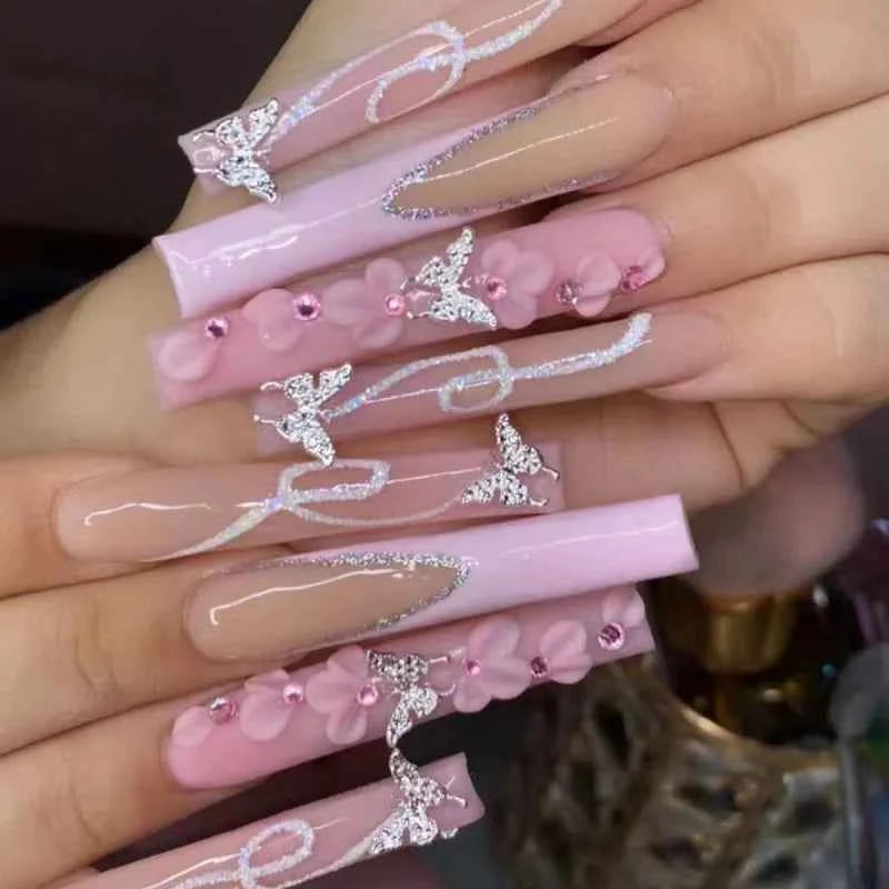 24Pcs Ultra Long Coffin Press On Nails Set with French Gradient Design, 3D Flower Butterfly Diamond Glossy Reusable Fake Nails