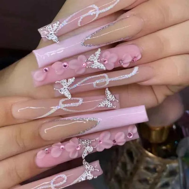 24Pcs Ultra Long Coffin Press On Nails Set with French Gradient Design, 3D Flower Butterfly Diamond Glossy Reusable Fake Nails