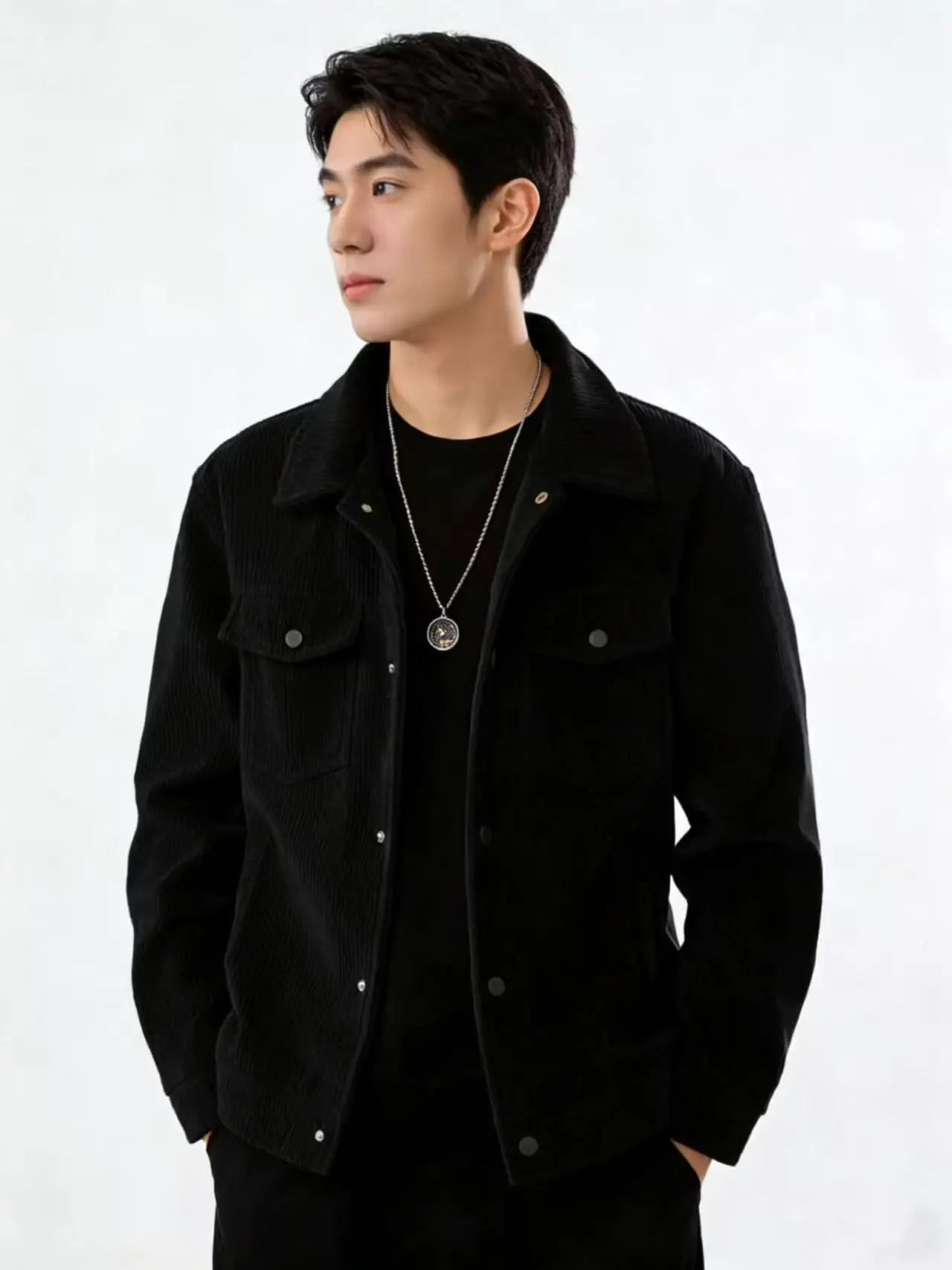 Men’s Textured Button-Up Jacket – Collared Casual Outerwear with Chest Pockets
