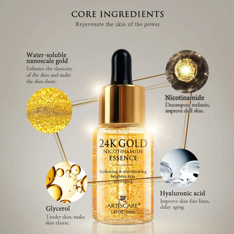 ARTISCARE 24K Gold Serum Set 3PCS – Hydrating Face Essence, Golden Repair Eye Cream & Anti-Wrinkle Skin Care Kit