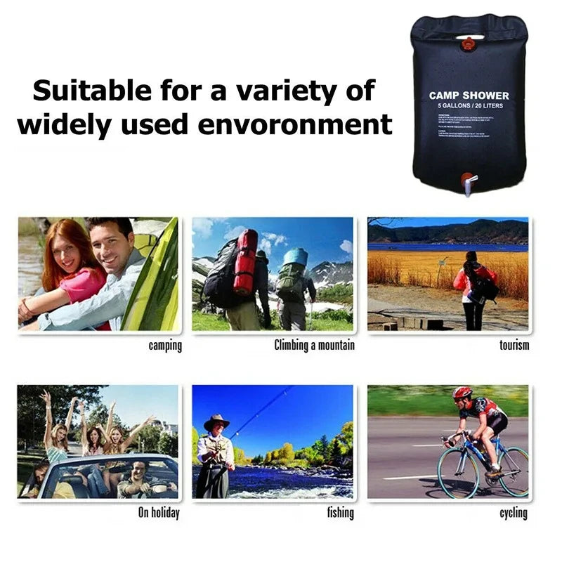 20L Portable Solar Camping Shower Bag with Hose, Shower Head and Hanging Strap