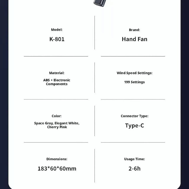 199-Speed Portable Turbo Handheld Fan with Semiconductor Ice Cooling, Digital Display & Type-C Charging
