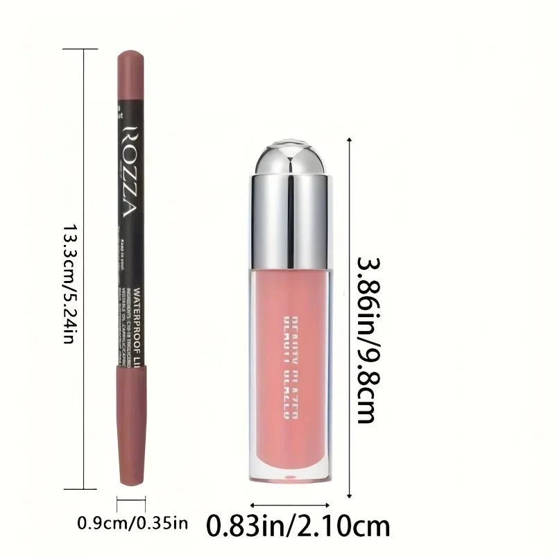2PCS Lip Liner & Lip Gloss Set – Long Lasting Natural Nude Lip Color with Waterproof Lip Oil Finish