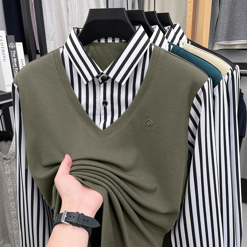 Men’s Business Casual Striped Long Sleeve Shirt with Sweater Vest – Fake Two-Piece Top