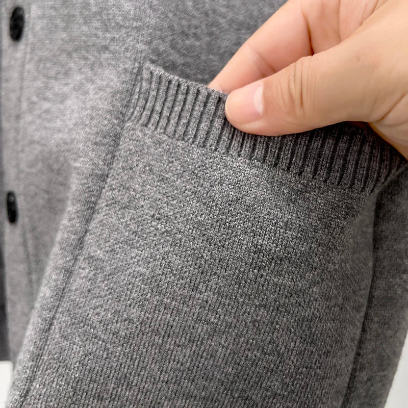 Men’s V-Neck Knit Cardigan – Solid Color Double Pocket Autumn Winter Sweater
