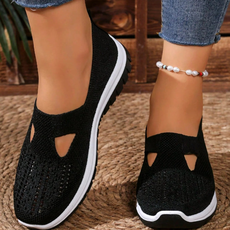 Black Slip-On Walking Shoes – Knit Upper Casual Sneakers with White Sole