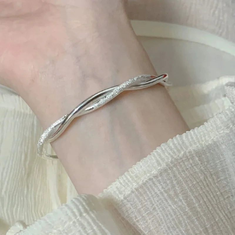 Silver-Tone Twisted Bangle Bracelet – Polished Textured Open Wrist Bracelet