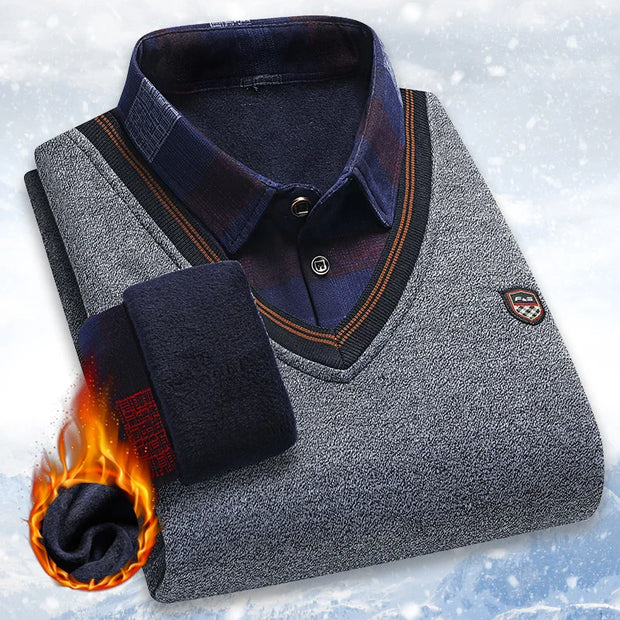 Men's Vintage Plaid Fleece Lined Polo Collar Pullover Sweater Winter Knitwear