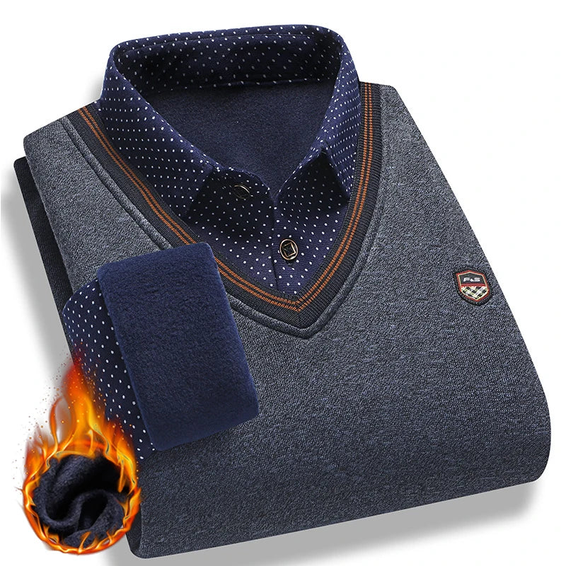 Men's Vintage Plaid Fleece Lined Polo Collar Pullover Sweater Winter Knitwear