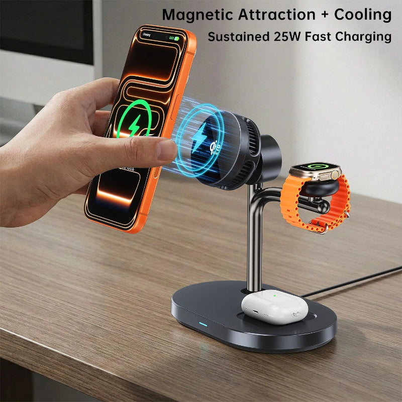 25W MagCold Wireless Charging Stand – Qi2.2 Magnetic Cooling Dock for iPhone 17, Galaxy S26 & Smartwatches