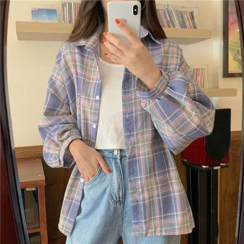 Women's Plaid Button-Up Shirt – Long Sleeve Loose Fit Casual Blouse