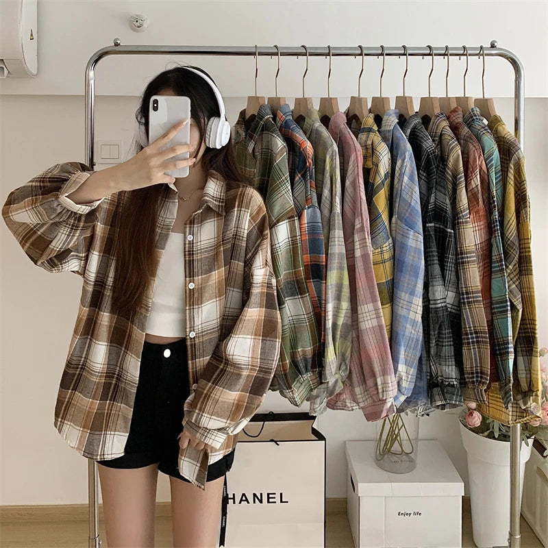 Women's Plaid Button-Up Shirt – Long Sleeve Loose Fit Casual Blouse