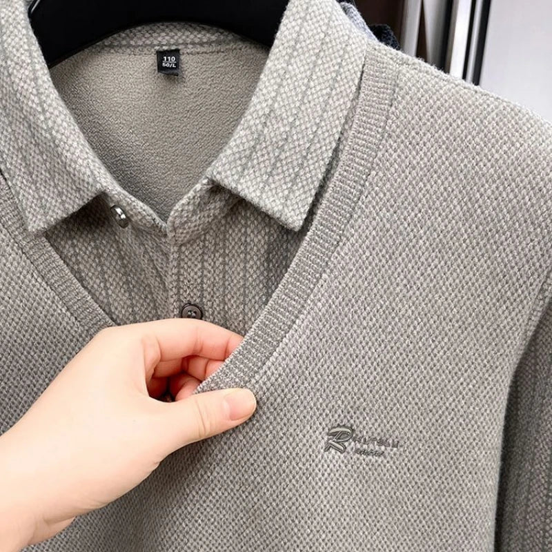 Men's Plush Sweater with Striped Design Button Lapel Fleece Lined Winter Pullover