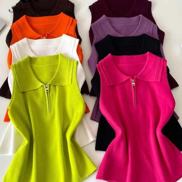 Colorful Zip-Up Collar Knit Tops by Sing Reiny